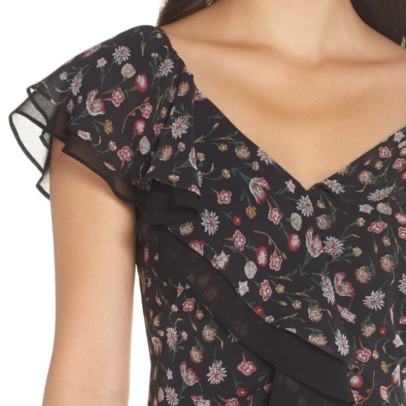 Sam Edelman Black Floral V-Neck Ruffled Midi Dress Size 4 - Picture 13 of 16